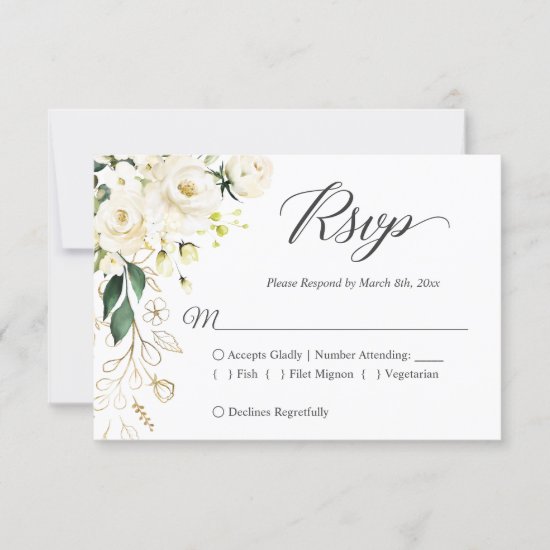 White Rose Gold Floral Wedding RSVP Reply