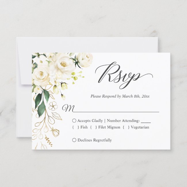 White Rose Gold Floral Wedding RSVP Reply