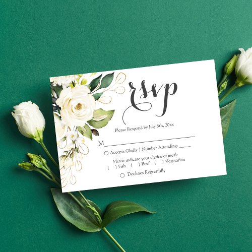 White Rose Gold Floral Wedding RSVP Reply Card