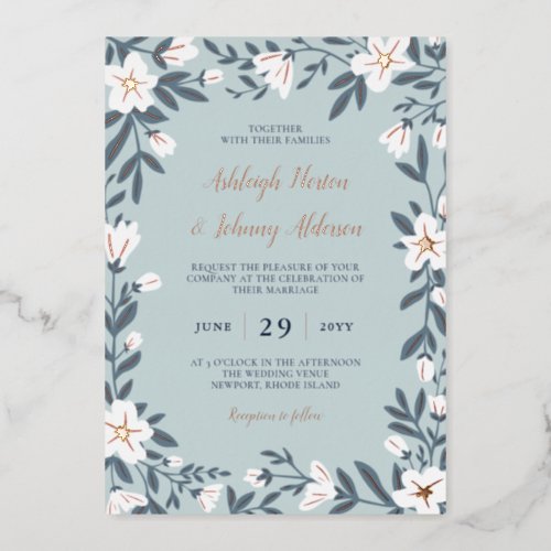 White Rose Gold Flowers Misty Aqua Floral Wedding Foil Invitation