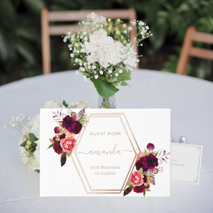White rose gold geometric burgundy floral Birthday Foil Guest Book