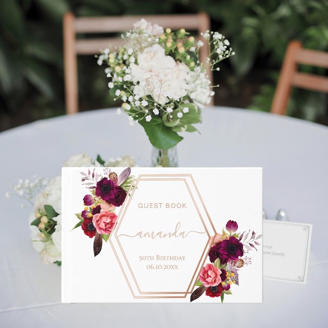 White rose gold geometric burgundy floral Birthday Foil Guest Book (Creator Uploaded)
