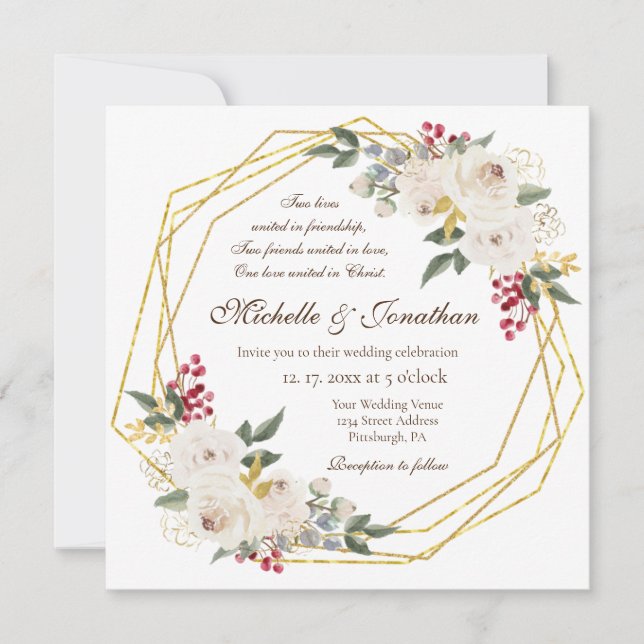 White Rose Gold Geometric Frame Christian Wedding Invitation (Front)