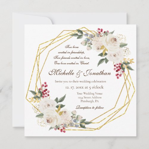 White Rose Gold Geometric Frame Christian Wedding Invitation