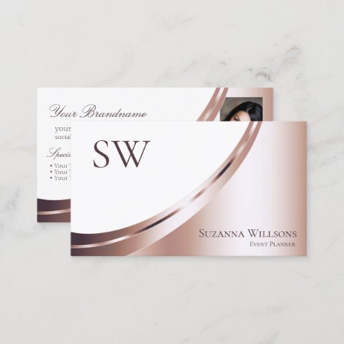 White Rose Gold Glam Decor with Monogram and Photo Business Card