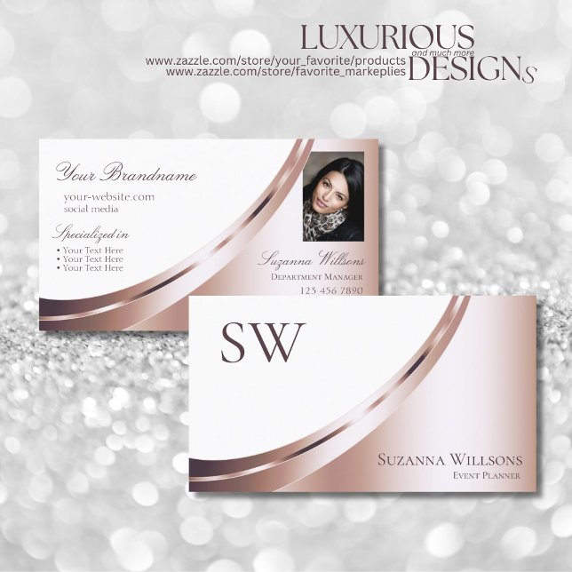 White Rose Gold Glam Decor with Monogram and Photo Business Card (Creator Uploaded)