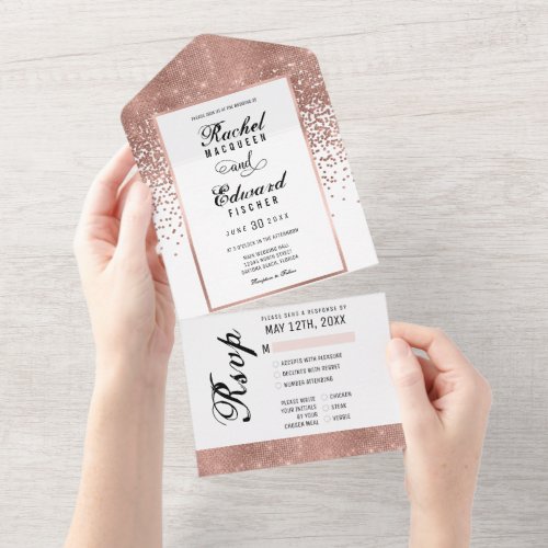 White Rose Gold Glitter Confetti Wedding RSVP All In One Invitation
