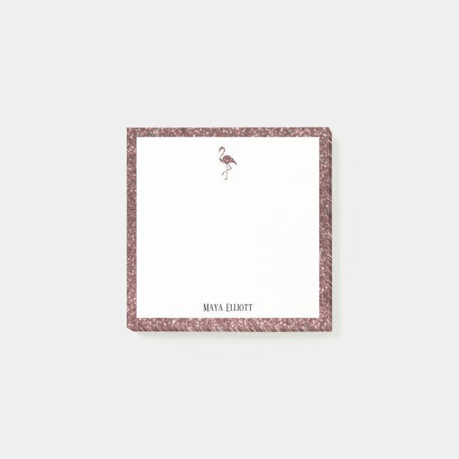 White + Rose Gold Glitter Flamingo & Border, Name Post-it Notes (Front)
