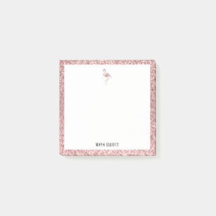 White + Rose Gold Glitter Flamingo & Border, Name Post-it Notes