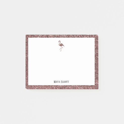 White  Rose Gold Glitter Flamingo Border w Name Post_it Notes