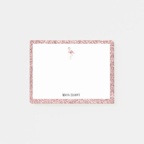 White  Rose Gold Glitter Flamingo Border w Name Post_it Notes