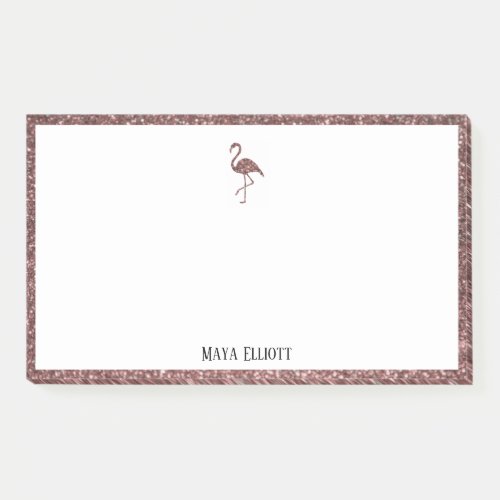 White  Rose Gold Glitter Flamingo  Border w Name Post_it Notes