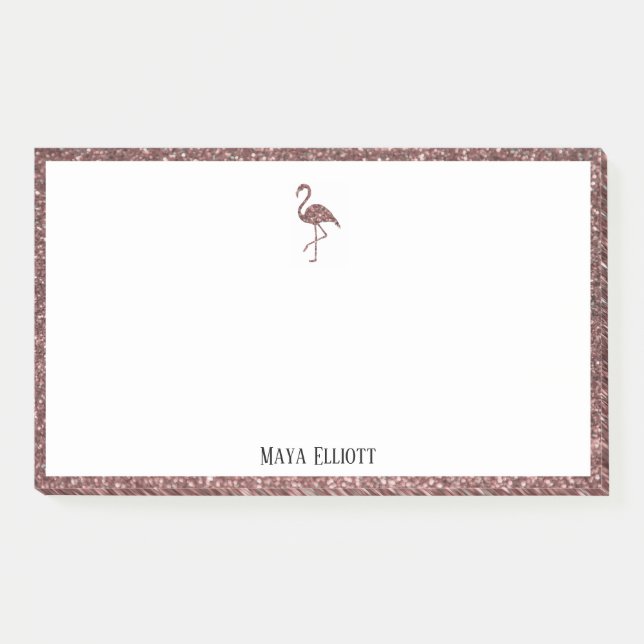White + Rose Gold Glitter Flamingo & Border w Name Post-it Notes (Front)