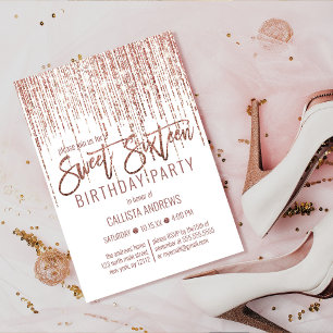 White Rose Gold Glitter Fringe Curtain Sweet 16 Invitation