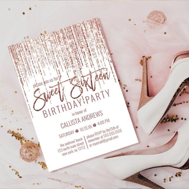 White Rose Gold Glitter Fringe Curtain Sweet 16 Invitation (Creator Uploaded)