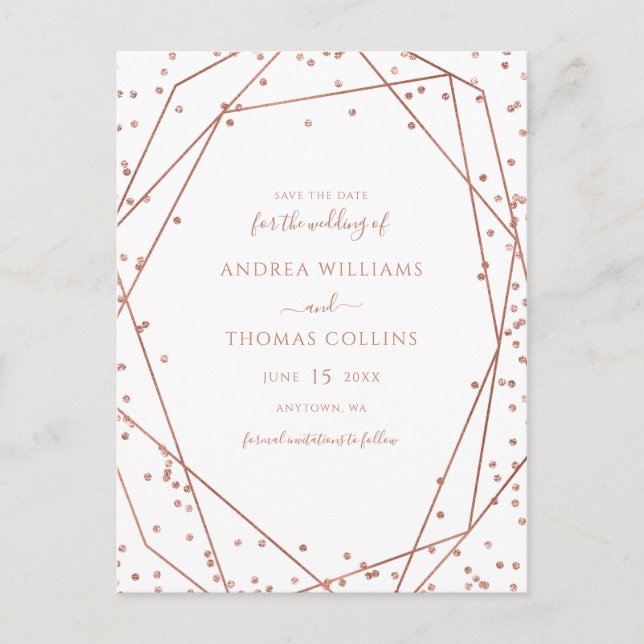White Rose Gold Glitter Geometric Save the Date Announcement Postcard (Front)