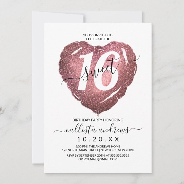 White Rose Gold Glitter Heart Balloon Sweet 16 Invitation (Front)