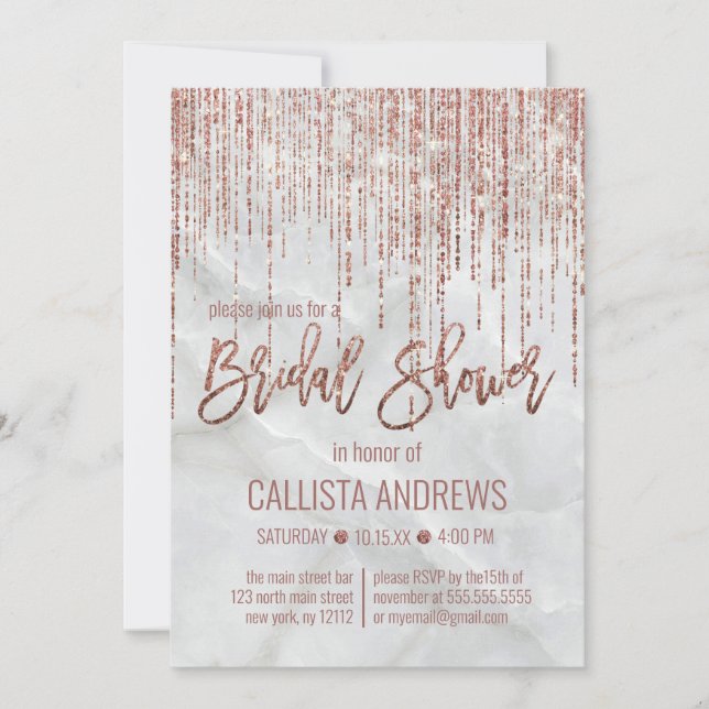 White Rose Gold Glitter Pearl Marble Bridal Shower Invitation (Front)