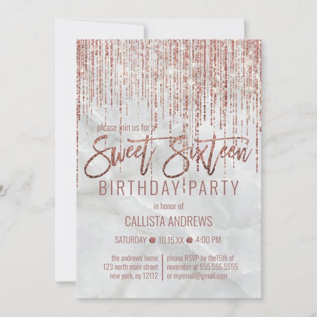 White Rose Gold Glitter Pearl Marble Sweet 16 Invitation (Front)