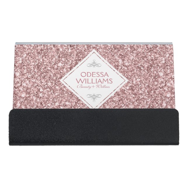 White & Rose Gold Glitter Print Template Desk Business Card Holder (Front)