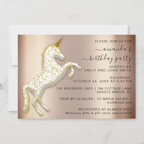 White Rose Gold Glitter Unicorn Horse Birthday  Invitation