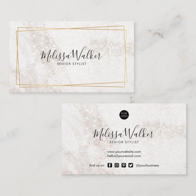 White rose gold glitter with gold frame business card (Front/Back)
