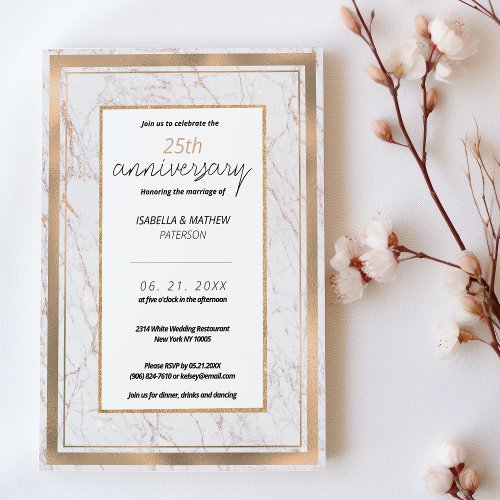 White rose gold marble 25th Wedding Anniversary  Invitation