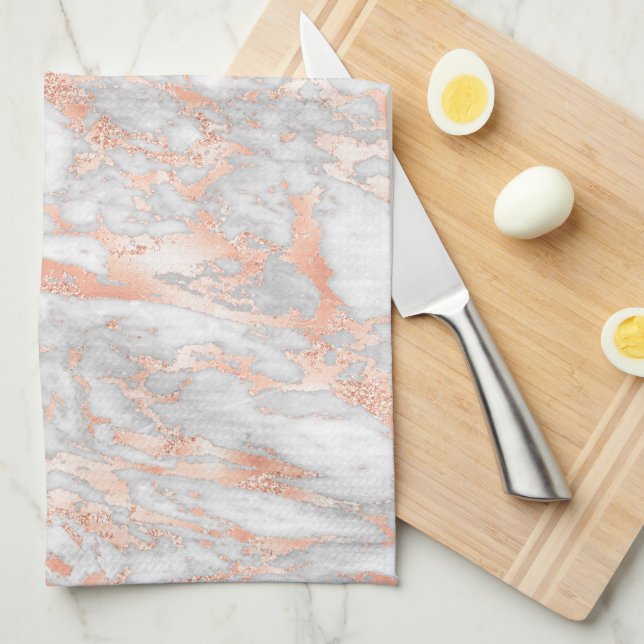 White & Rose Gold Marble 2 Kitchen Towel (Quarter Fold)