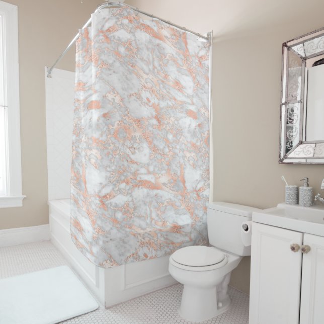 White & Rose Gold Marble 2 Shower Curtain (In Situ)