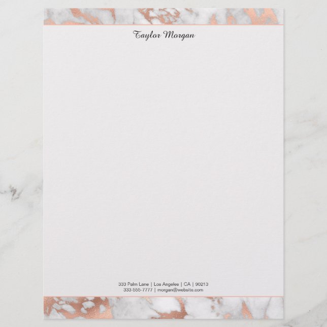 White & Rose Gold Marble Border, Black Name/Info Letterhead (Front)