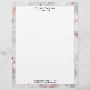 White & Rose Gold Marble Border, Black Name Info Letterhead
