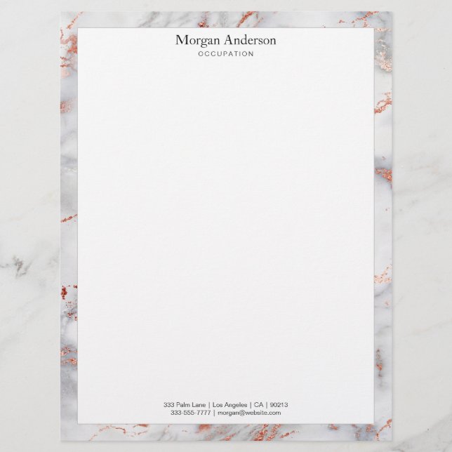 White & Rose Gold Marble Border, Black Name Info Letterhead (Front)