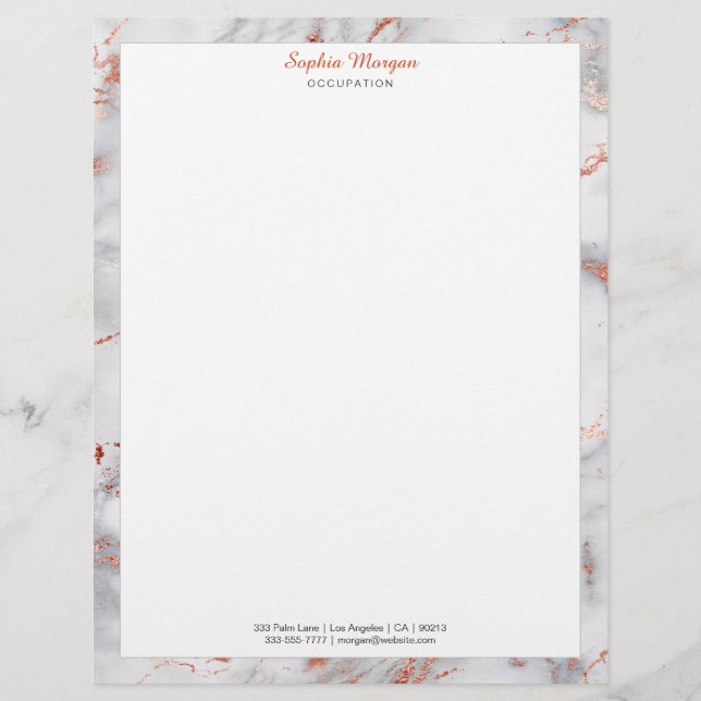 White & Rose Gold Marble Border, Name Info Letterh Letterhead (Front)