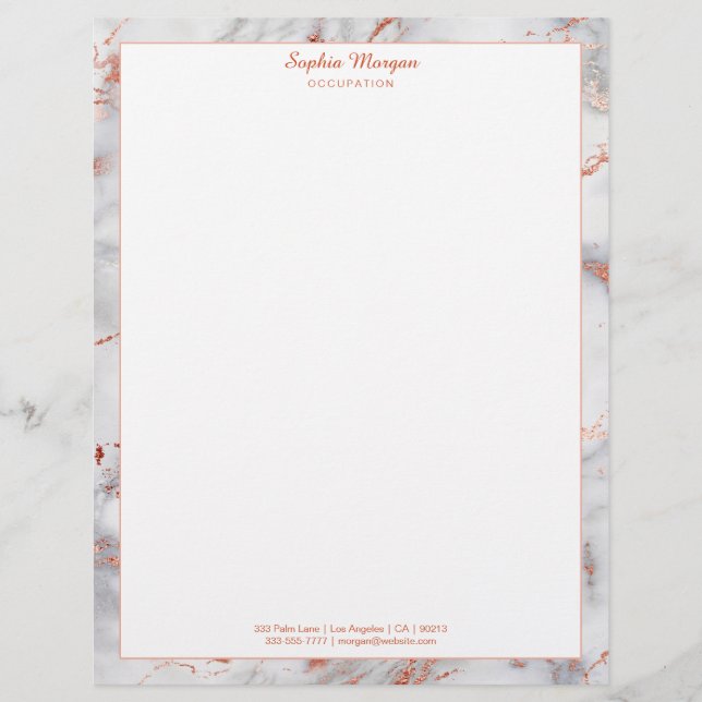 White & Rose Gold Marble Border, Name Info Letterhead (Front)