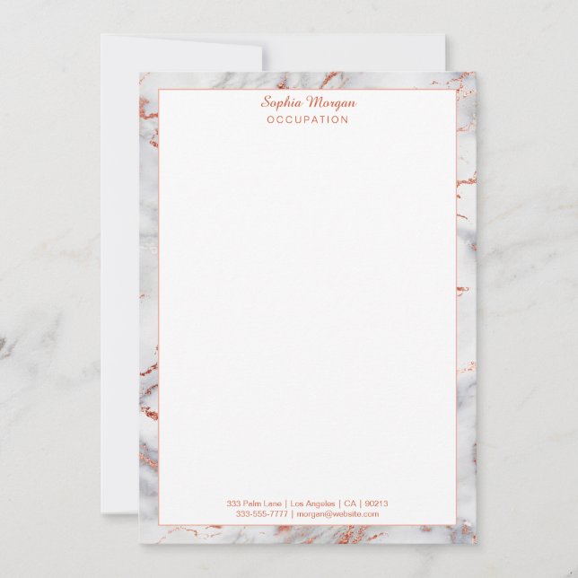 White & Rose Gold Marble Border, Name Info Note Card (Front)