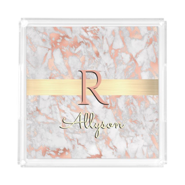 White & Rose Gold Marble, Gold Bar Name & Monogram Acrylic Tray (Front)