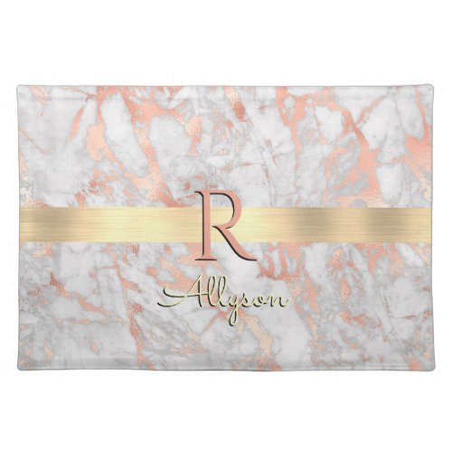 White  Rose Gold Marble Gold Bar Name  Monogram Cloth Placemat