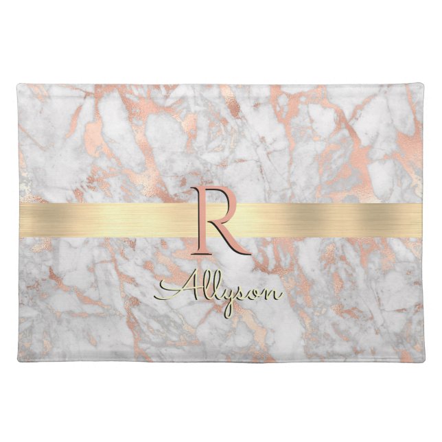 White & Rose Gold Marble, Gold Bar Name & Monogram Cloth Placemat (Front)