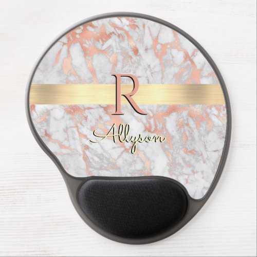 White  Rose Gold Marble Gold Bar Name  Monogram Gel Mouse Pad