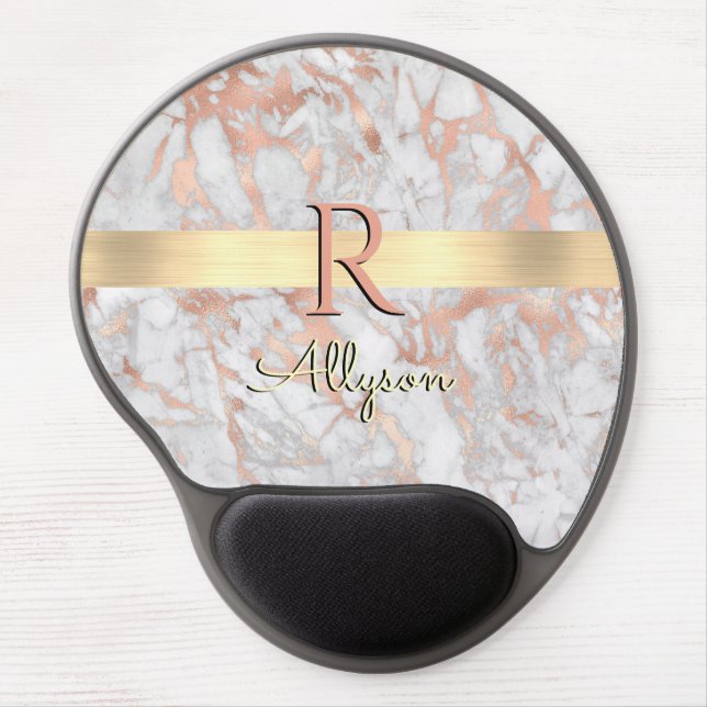 White & Rose Gold Marble, Gold Bar Name & Monogram Gel Mouse Pad (Front)