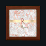 White & Rose Gold Marble, Gold Bar Name & Monogram Gift Box<br><div class="desc">Personalize your name in pale yellow script and peach monogram on Gold Bar on White and Rose Gold Marble. Click “Edit Using Design Tool” to change colors and type styles.</div>