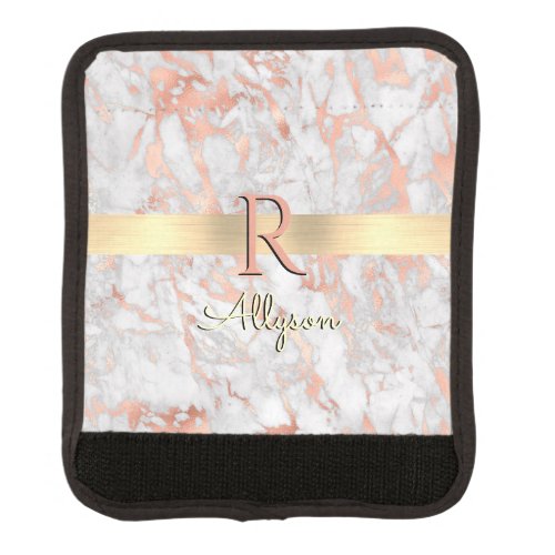 White  Rose Gold Marble Gold Bar Name  Monogram Luggage Handle Wrap