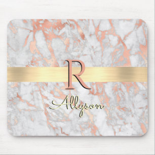 White & Rose Gold Marble, Gold Bar Name & Monogram Mouse Pad
