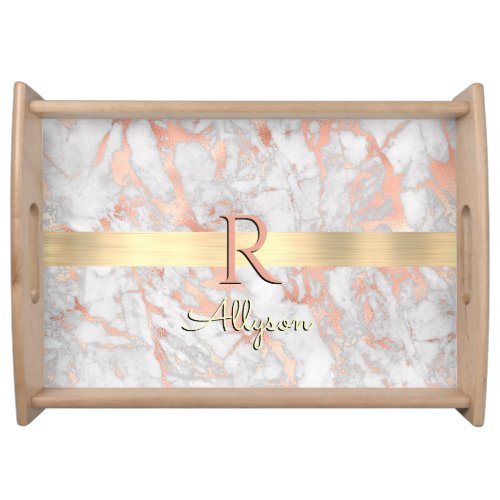 White  Rose Gold Marble Gold Bar Name  Monogram Serving Tray