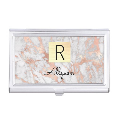 White  Rose Gold Marble Gold Box Name  Monogram Business Card Case