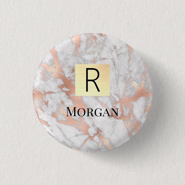White & Rose Gold Marble Gold Box, Name & Monogram Button (Front)