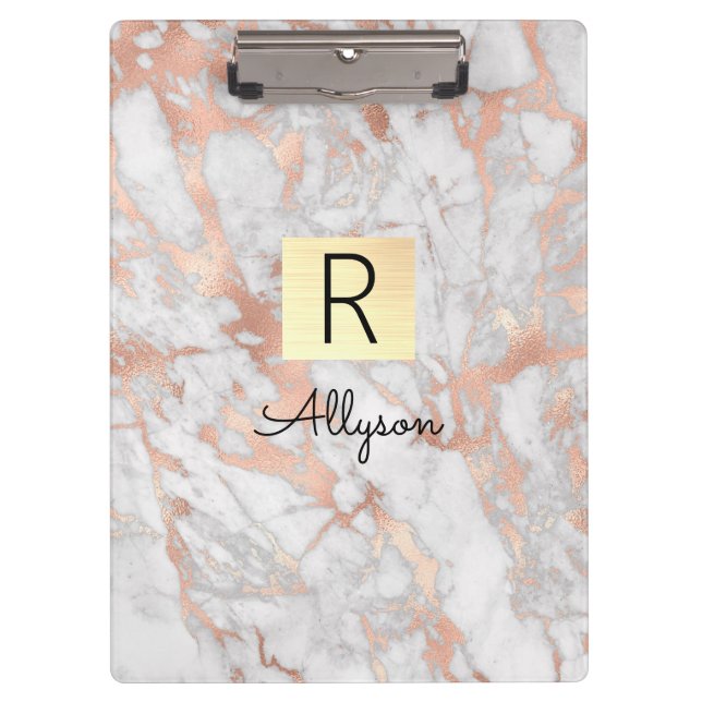 White & Rose Gold Marble Gold Box, Name & Monogram Clipboard (Front)