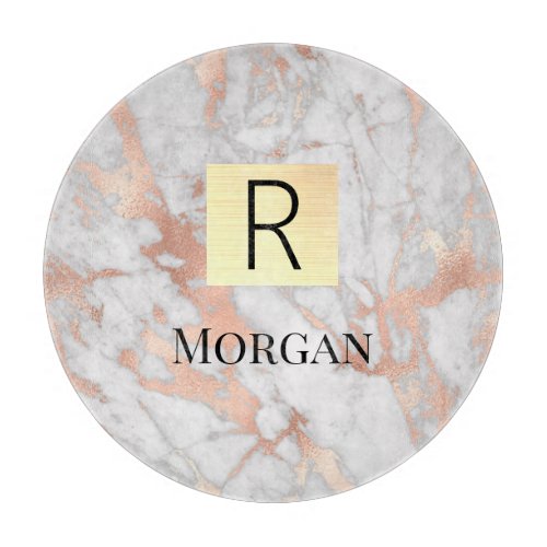 White  Rose Gold Marble Gold Box Name  Monogram Cutting Board