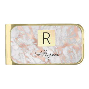 White & Rose Gold Marble Gold Box, Name & Monogram Gold Finish Money Clip