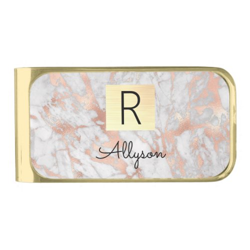 White  Rose Gold Marble Gold Box Name  Monogram Gold Finish Money Clip